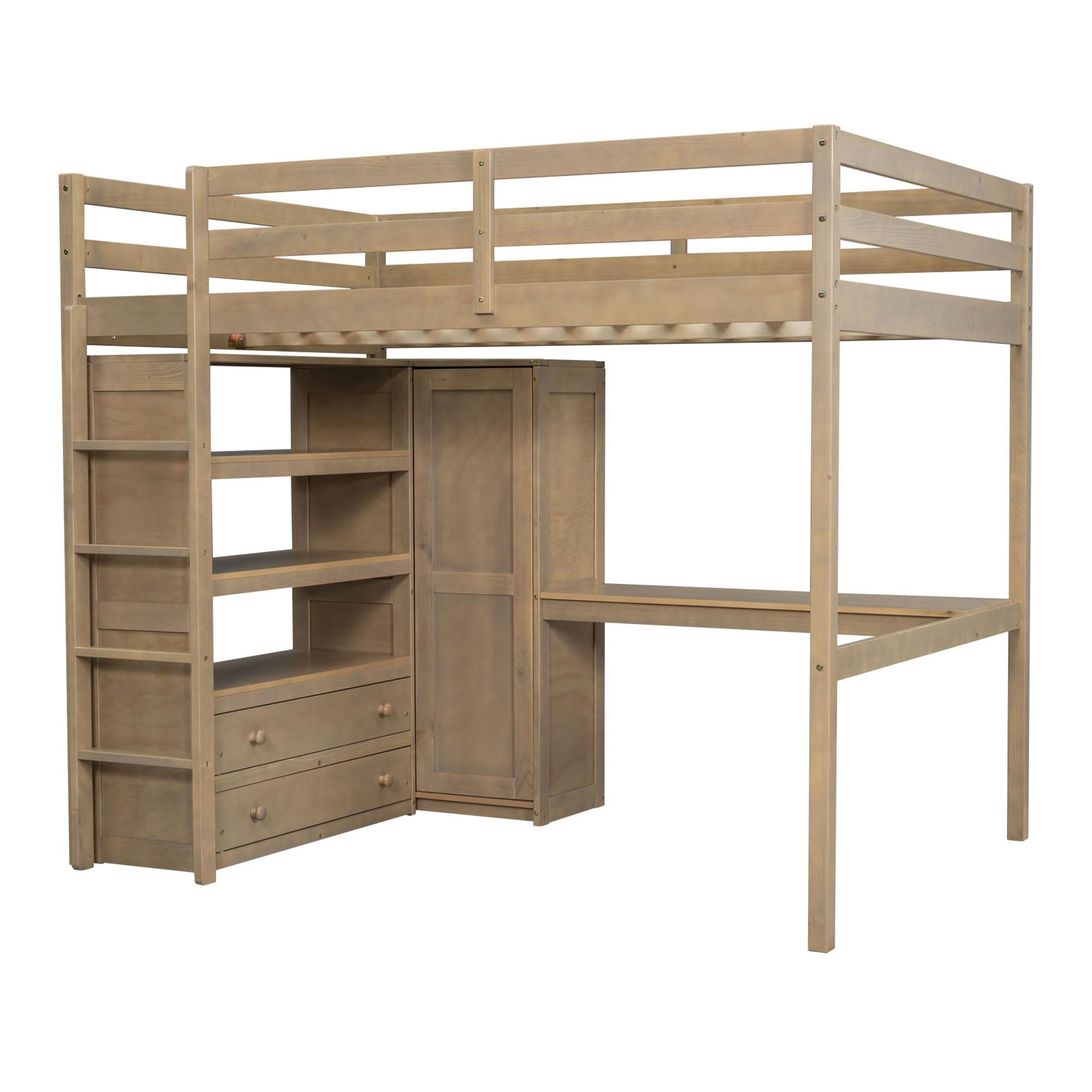 Full Size Loft Bed with Desk & Wardrobe