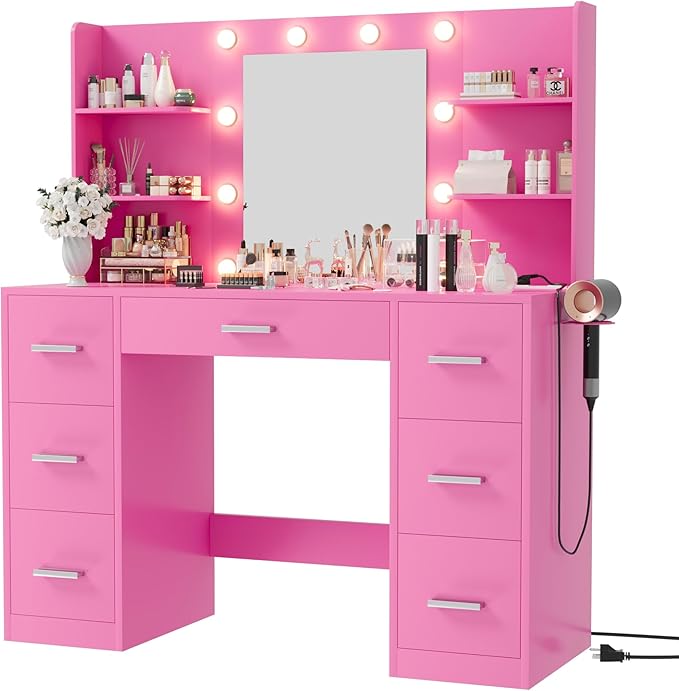 Vanity Desk with Mirror, LED Lights and Power Outlet Makeup Vanity Table