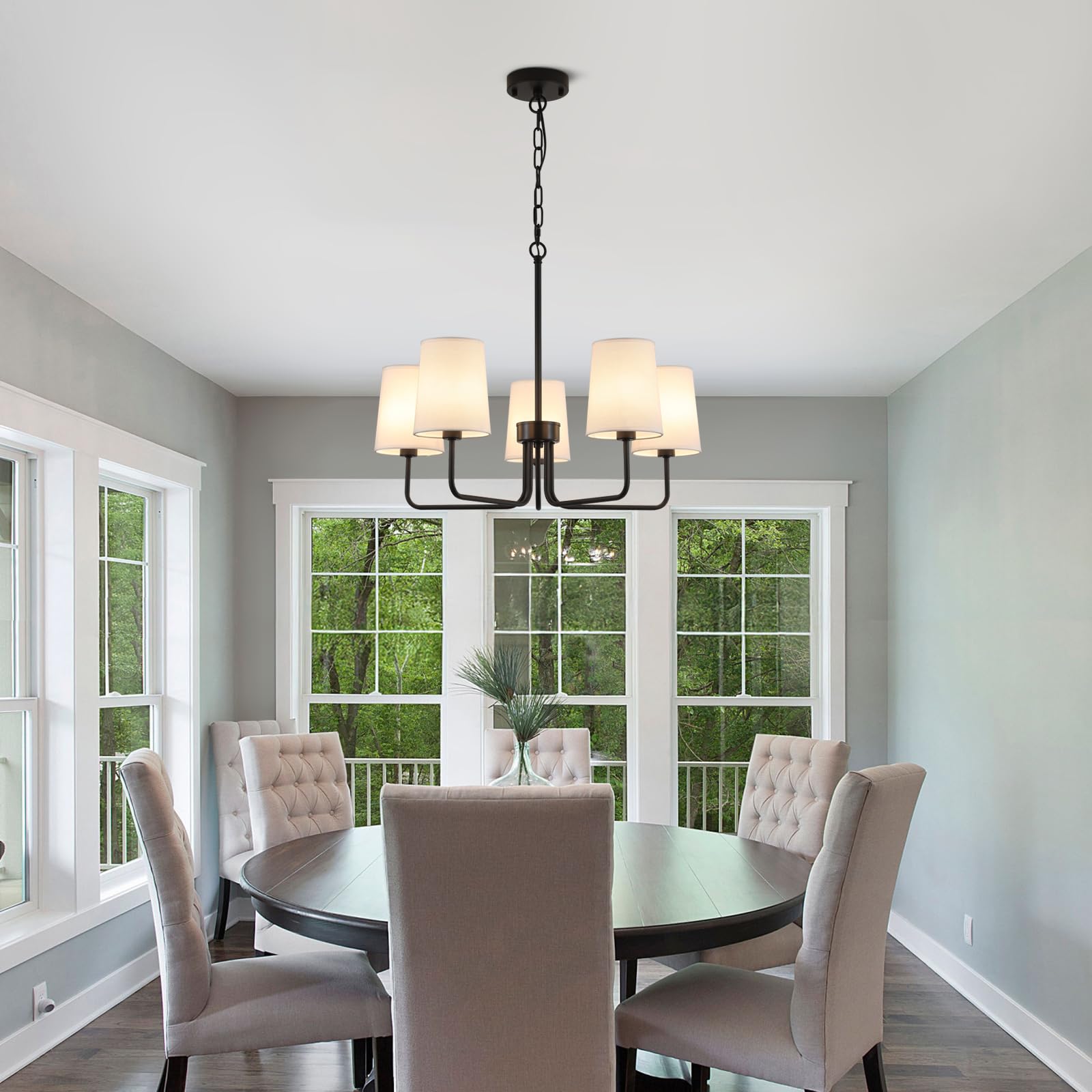 AMZASA Farmhouse Chandelier, Matte Black with White Fabric Shade, Farmhouse Linear Island Lighting Fixture for Kitchen, Dining Room (5-Light Matte Black with Fabric Shades)