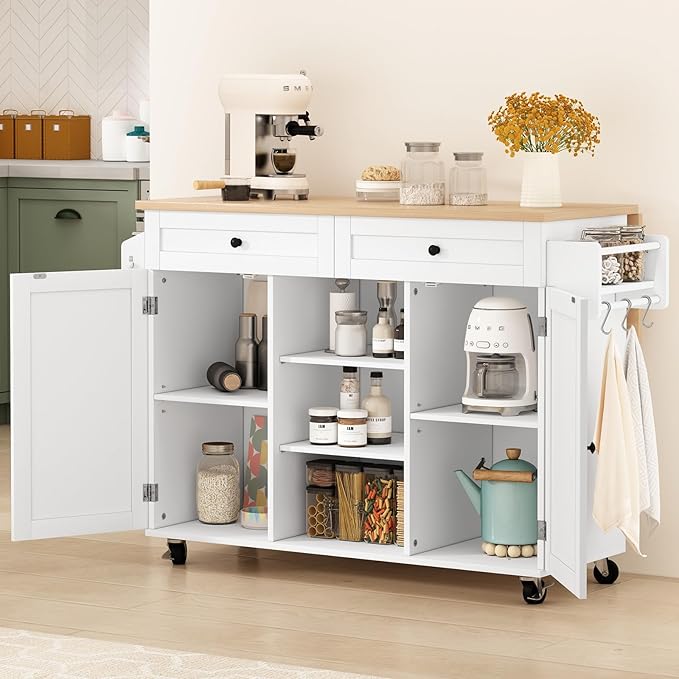 Dark Green Rolling Kitchen Islands Cart with Drop Leaf Countertop, Barn Door Kitchen