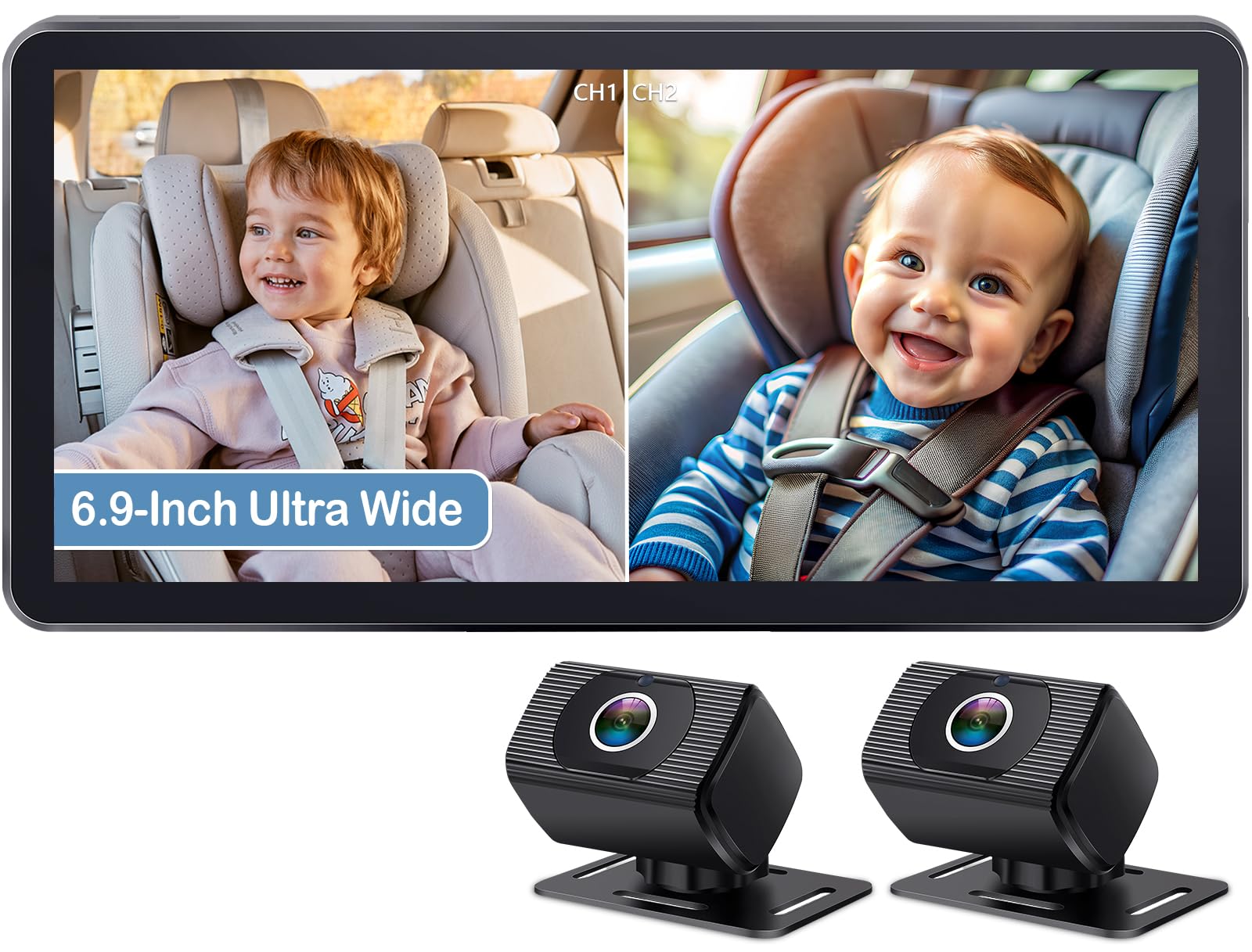 2-Kids Baby Car Camera for Seat: 6.9 Inch Ultrawide Display with Two Cameras Rear Facing