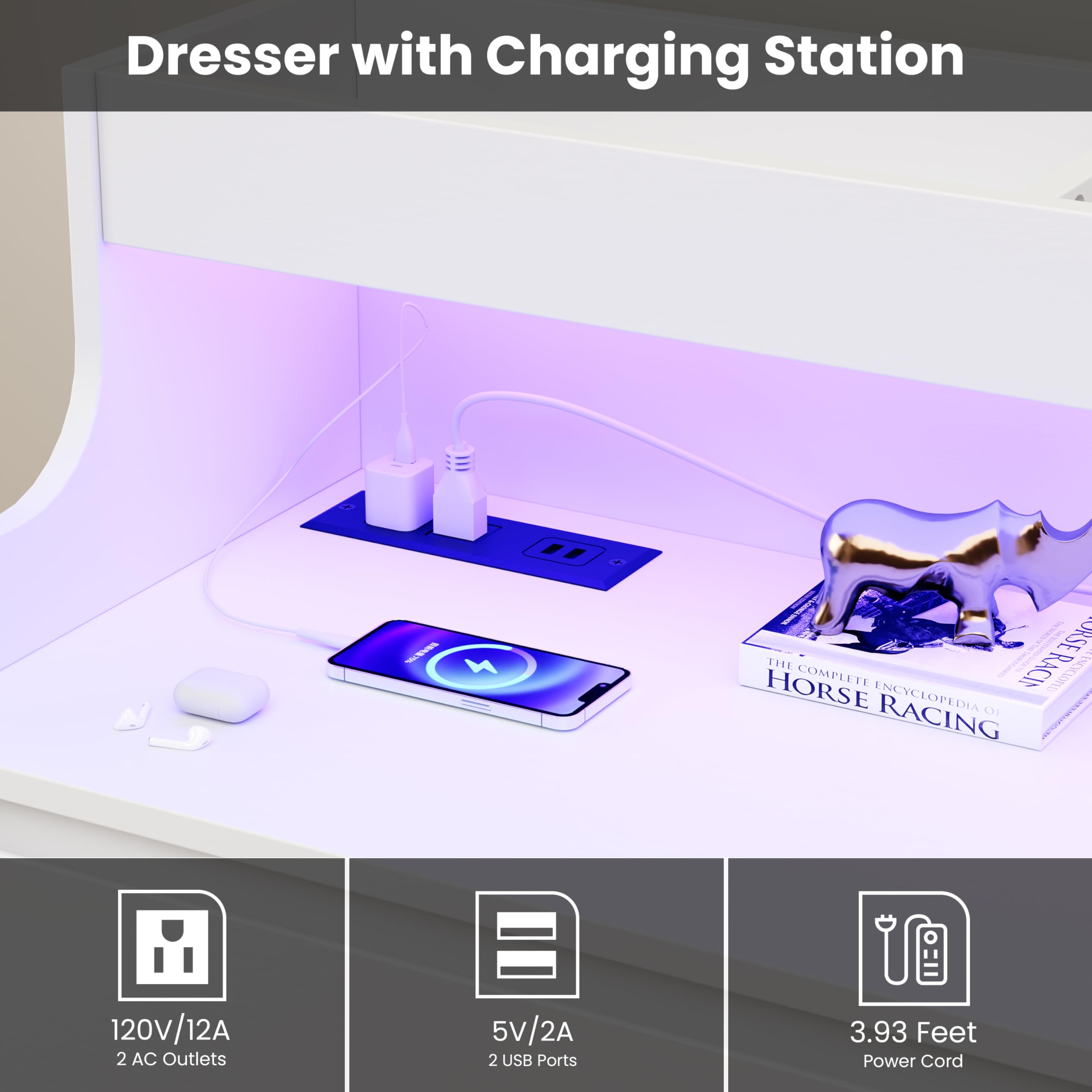 Dresser for Bedroom, 6 Drawer Dresser with LED Lights and Charging Station, Wide Chest of 6 Drawers with Open Space, Modern Large Capacity Storage Cabinet, Living Room, Hallway, White