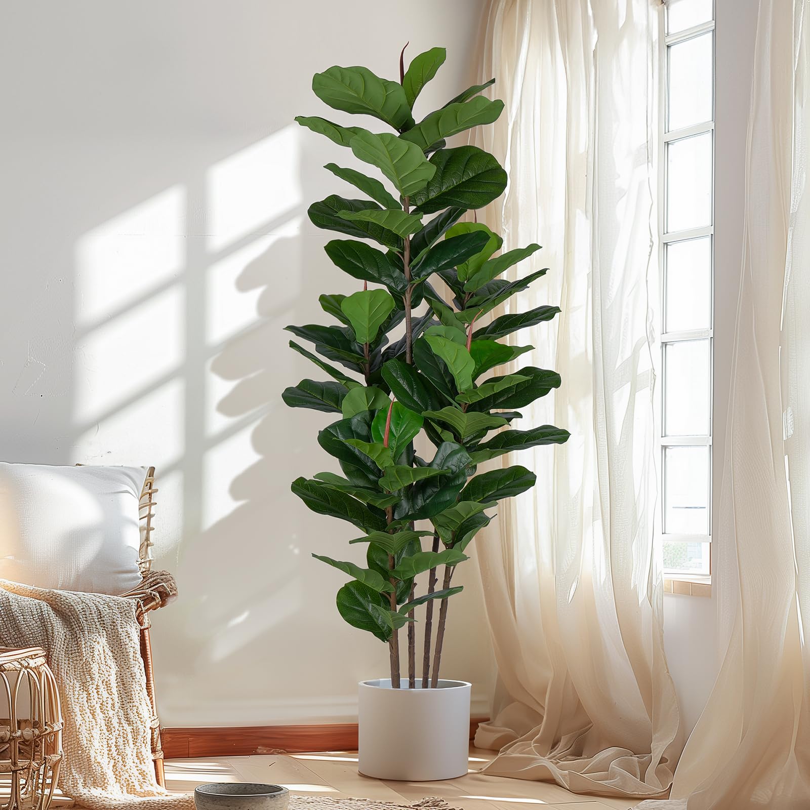 Faux Fiddle Leaf Fig Tree 6 FT - Artificial Ficus Tree with Tall Artificial Plants 69 Fiddle Leaves