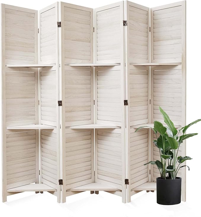 Room Divider with Shelves, 68.9inch Wood Carved and Louvered Wall Divider
