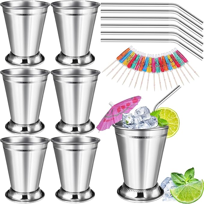 40 Pcs Mint Julep Cups Silver with Artificial Rose 12 oz Stainless Steel Drinking