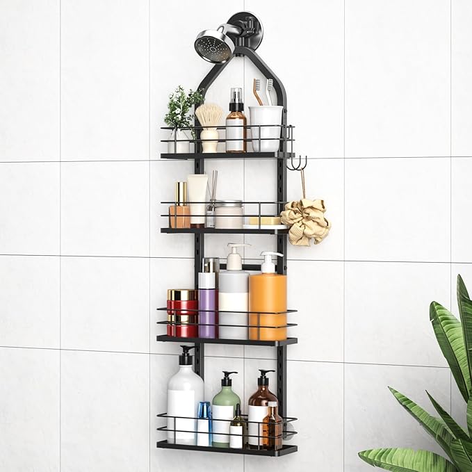 Shower Caddy Hanging (Black), Adjustable Anti-Swing-Over The Shower Head Caddy