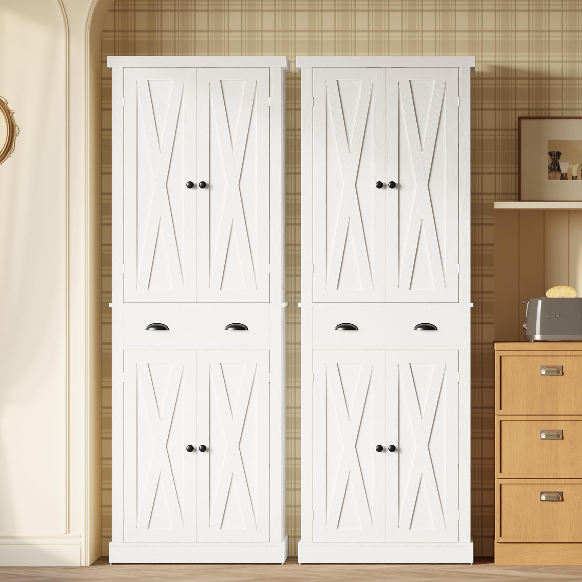 Kitchen Pantry Storage Cabinet 72.6" H x 24" W, with Barn Doors, Drawer, 4 Adjustable