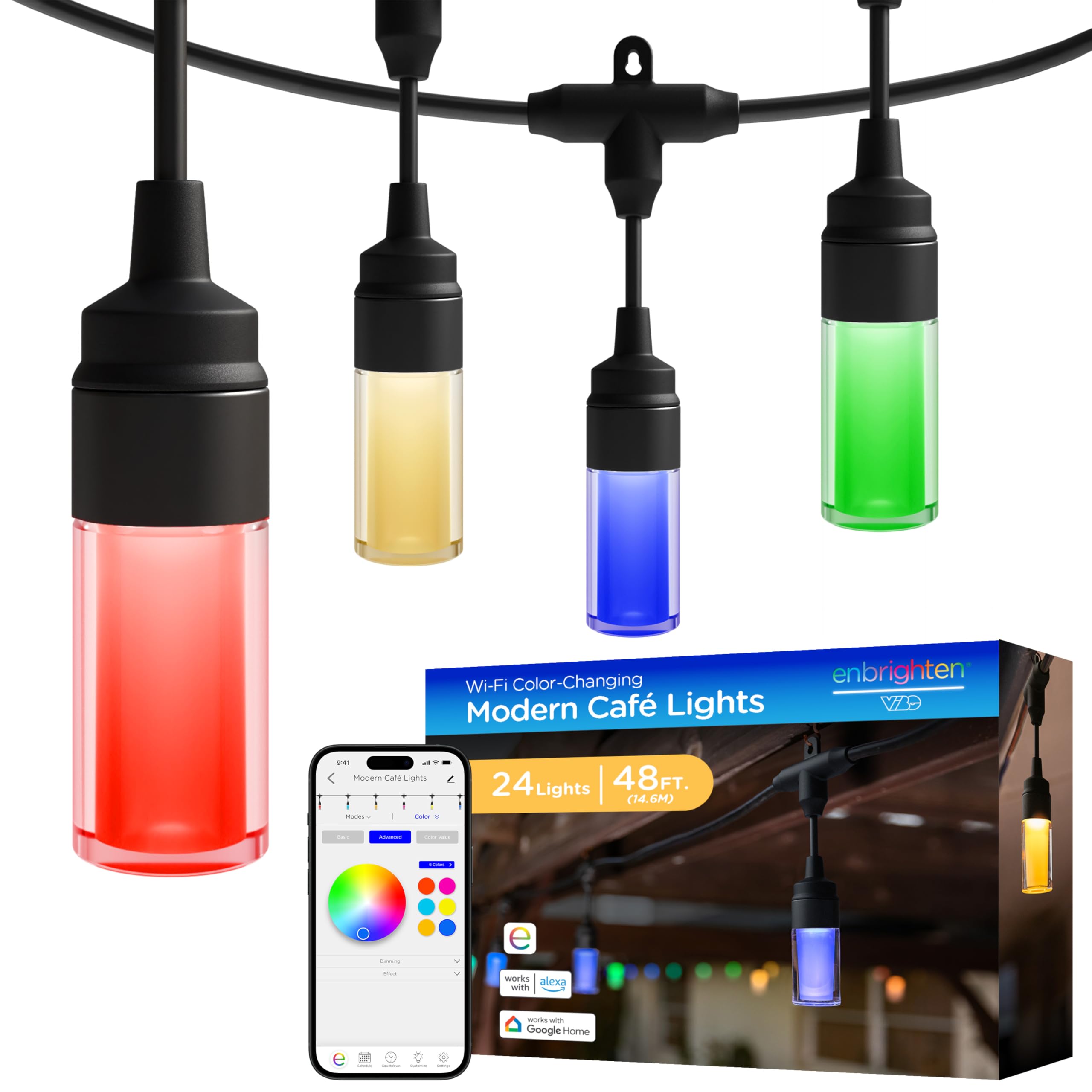 Vibe Modern Cafe Lights, Smart Color Changing String Lights, 48ft Black Cord