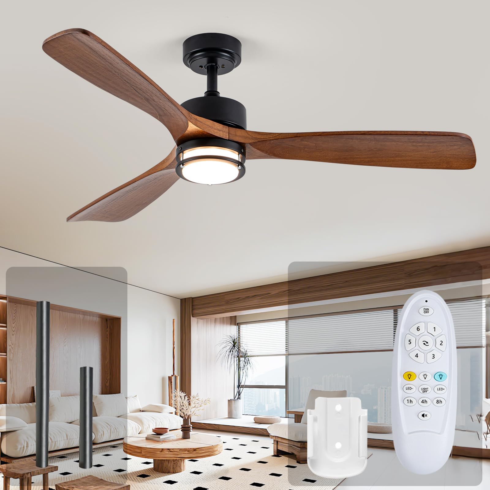 52” Outdoor Ceiling Fan with Light, 3 Walnut Solid Wood Blade