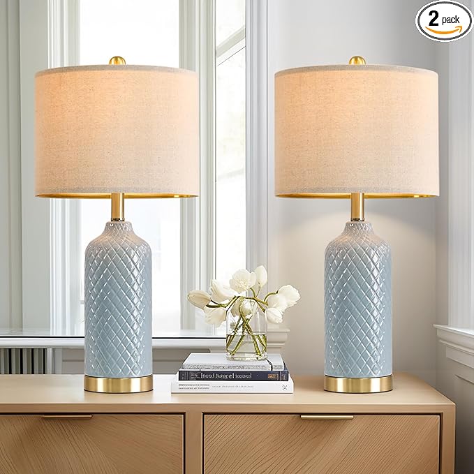 Modern Ceramic Blue Table Lamps Set of 2 for Living Room, Farmhouse