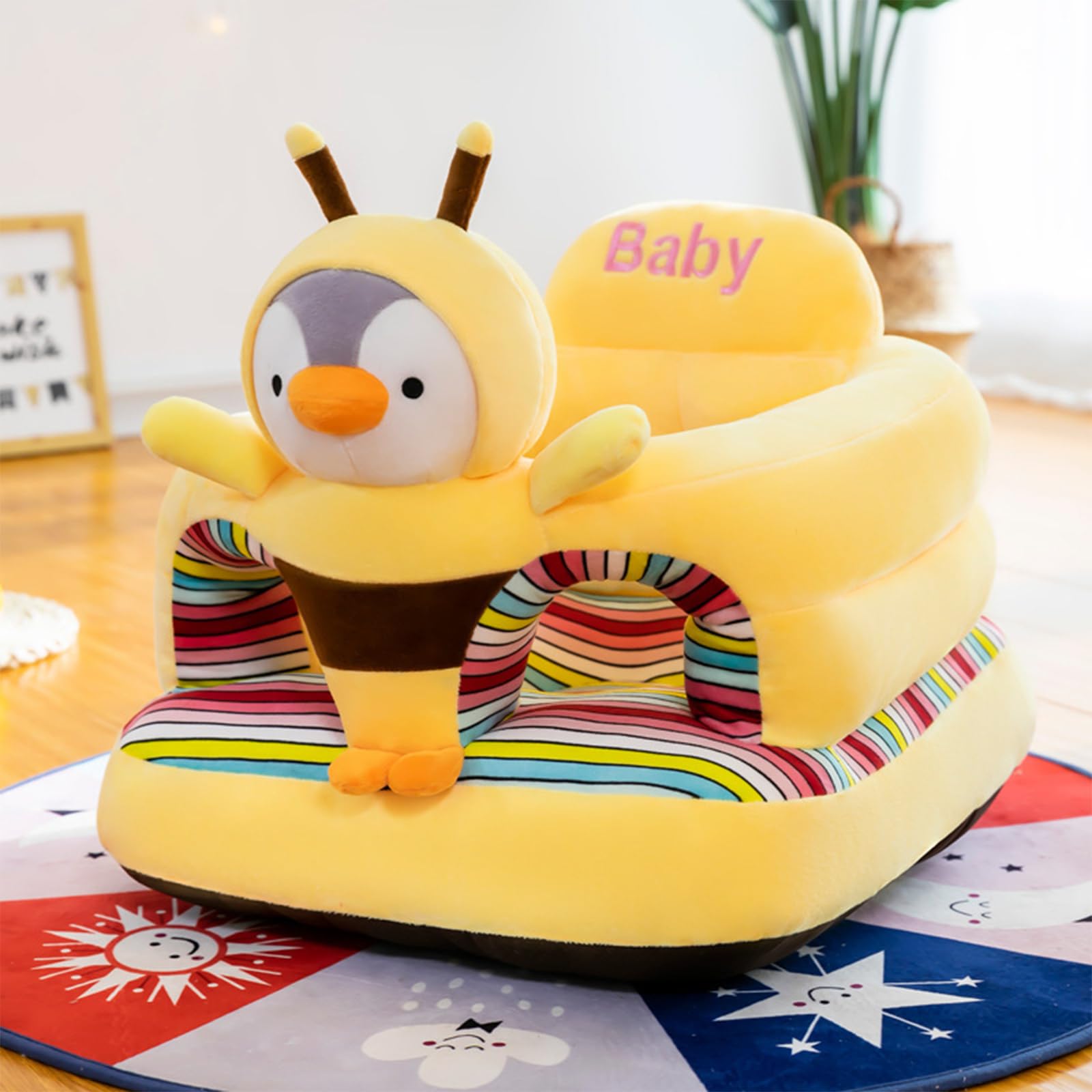 HEVOY Baby Seat for 3-24 Month, Infant Back Support Floor Chair, Plush Cartoon Animals Baby Sofa, Toddler Floor Seater for Sitting Up, Portable Activity Seat for Babies (Bee)