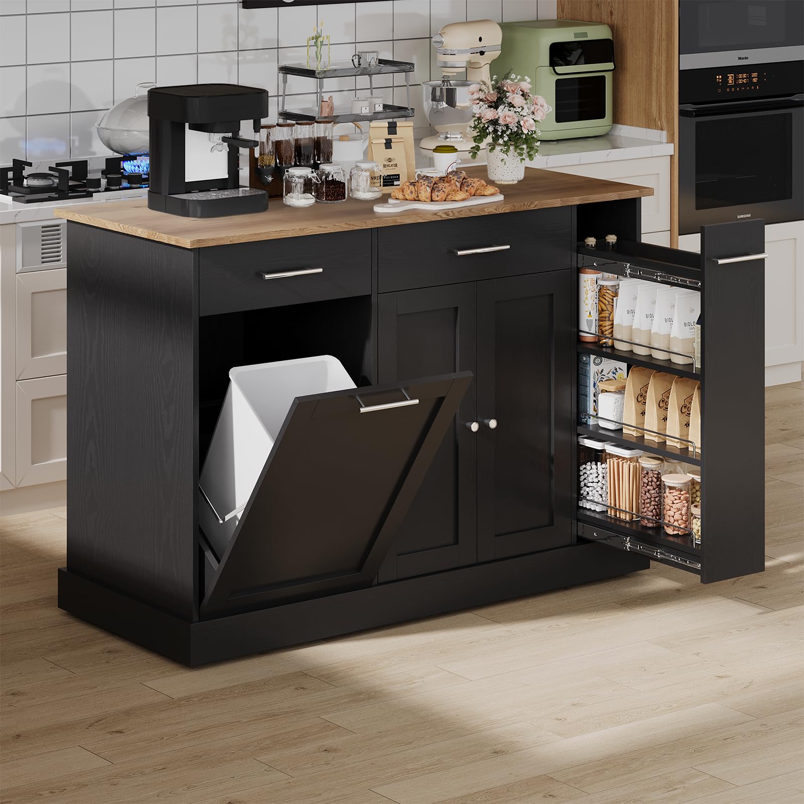 Kichen Island with Trash Can Storage, Kitchen Island Cart with Spice Rack & Towel Rack