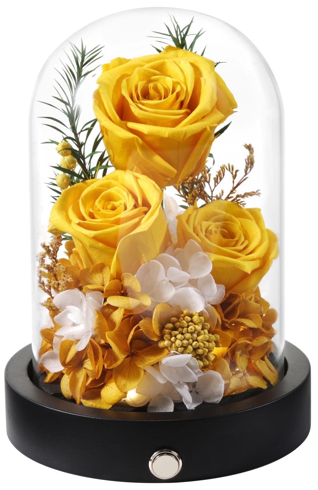 Flowers for Delivery, 3 Yellow Forever Roses in Glass Dome with LED, Preserved Real Rose