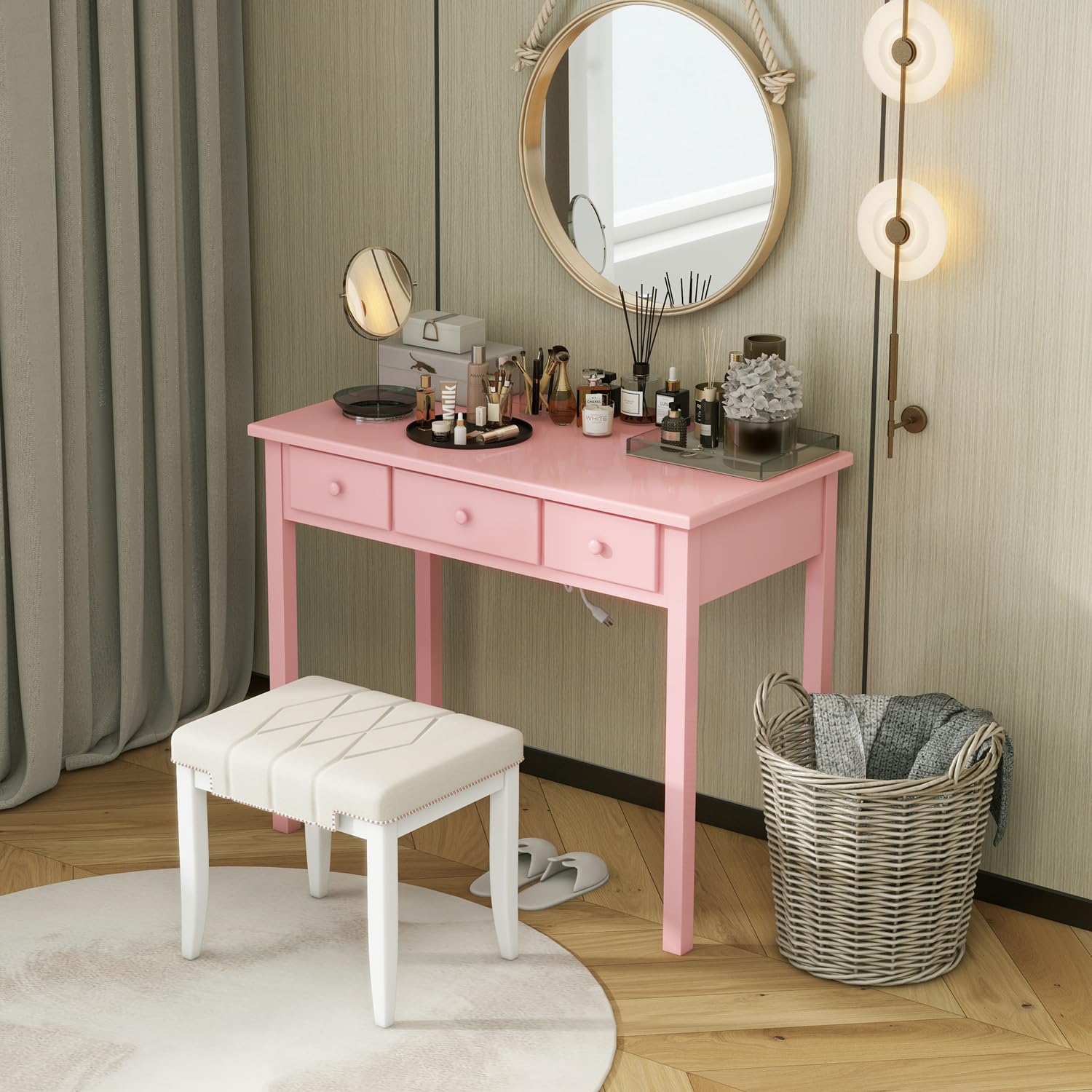 Pink Writing Desk with Hutch and Drawers, 36 Inch Home Office Desk with Charge