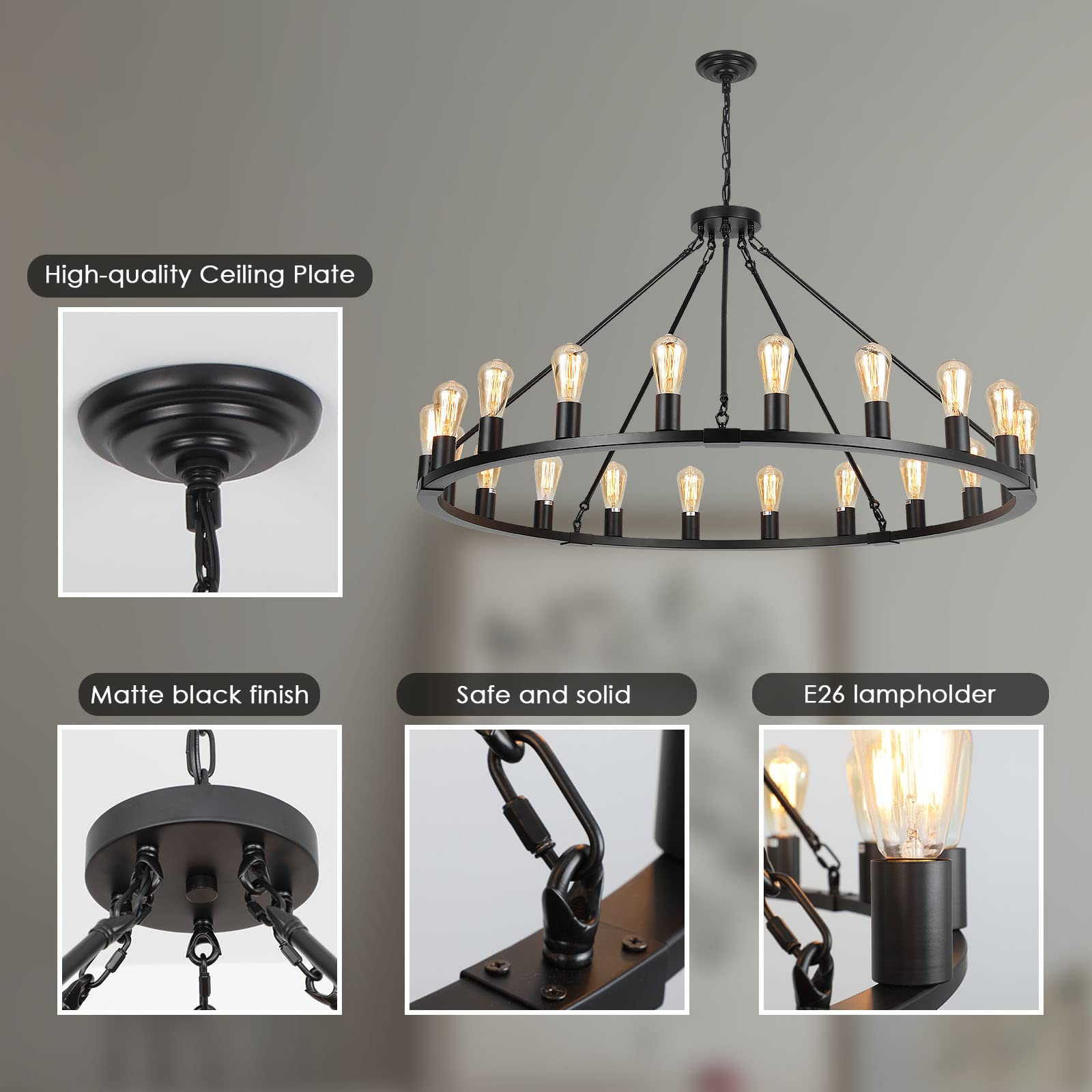 Wagon Wheel Chandelier, Large Black Farmhouse Chandelier for Dining Room Light Fixture