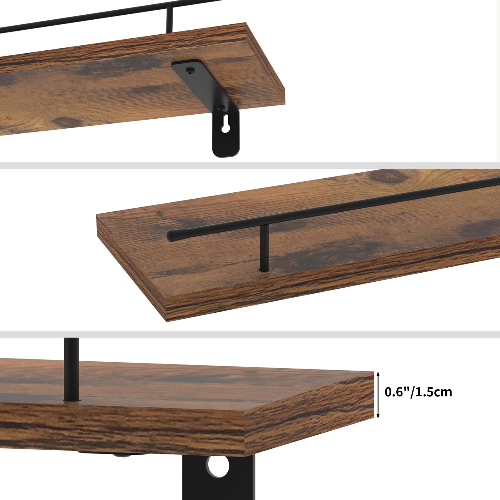 CRUGLA Floating Shelves Wall Set of 4, Hanging Storage Wall Shelf with Metal Guardrail for Bathroom, Kitchen, Bedroom, Living Room