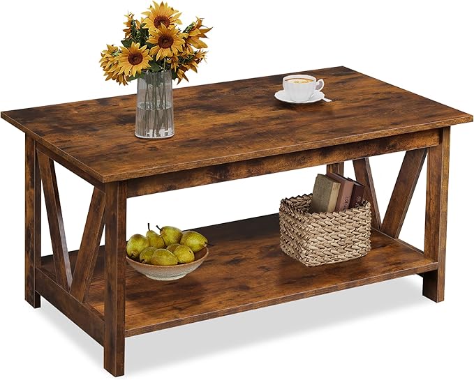 Coffee Table with Storage Shelf, 39.4" Farmhouse Coffee Table,living room