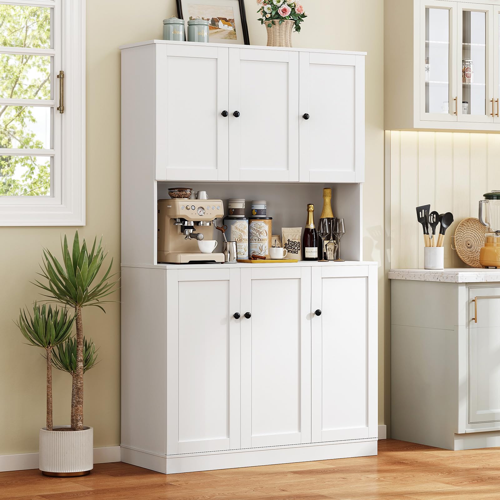 71" Tall Kitchen Pantry Storage Cabinet with Microwave Stand & Door Shelf