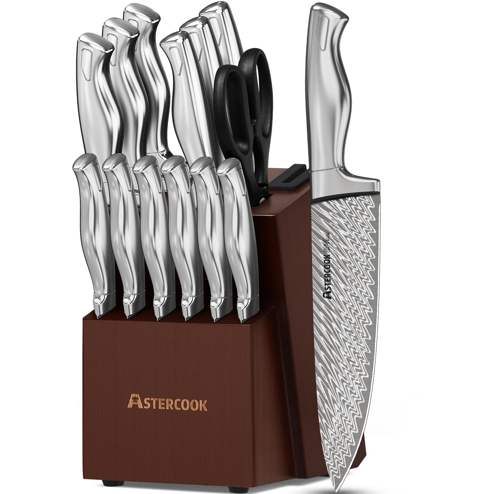 Knife Set, 15-Piece Kitchen Knife Set with Block, Built-in Knife Sharpener