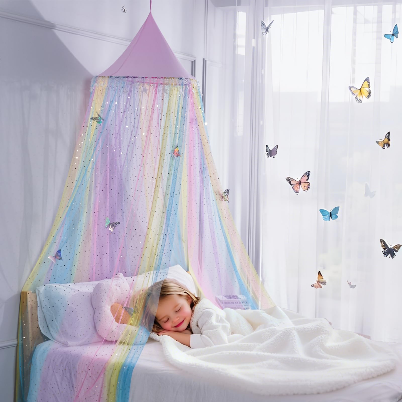Rainbow Princess Bed Canopy with Glitter Star Moon, Play Tent Mosquito Net for Kids Crib