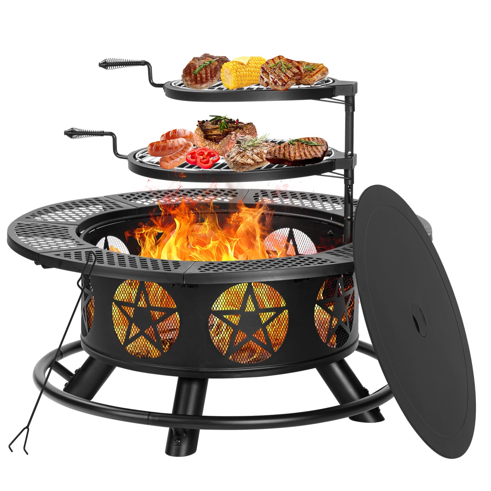 36 Inch Fire Pit with 2 Grills, Wood Burning Fire Pits for Outside with Lid & Poker