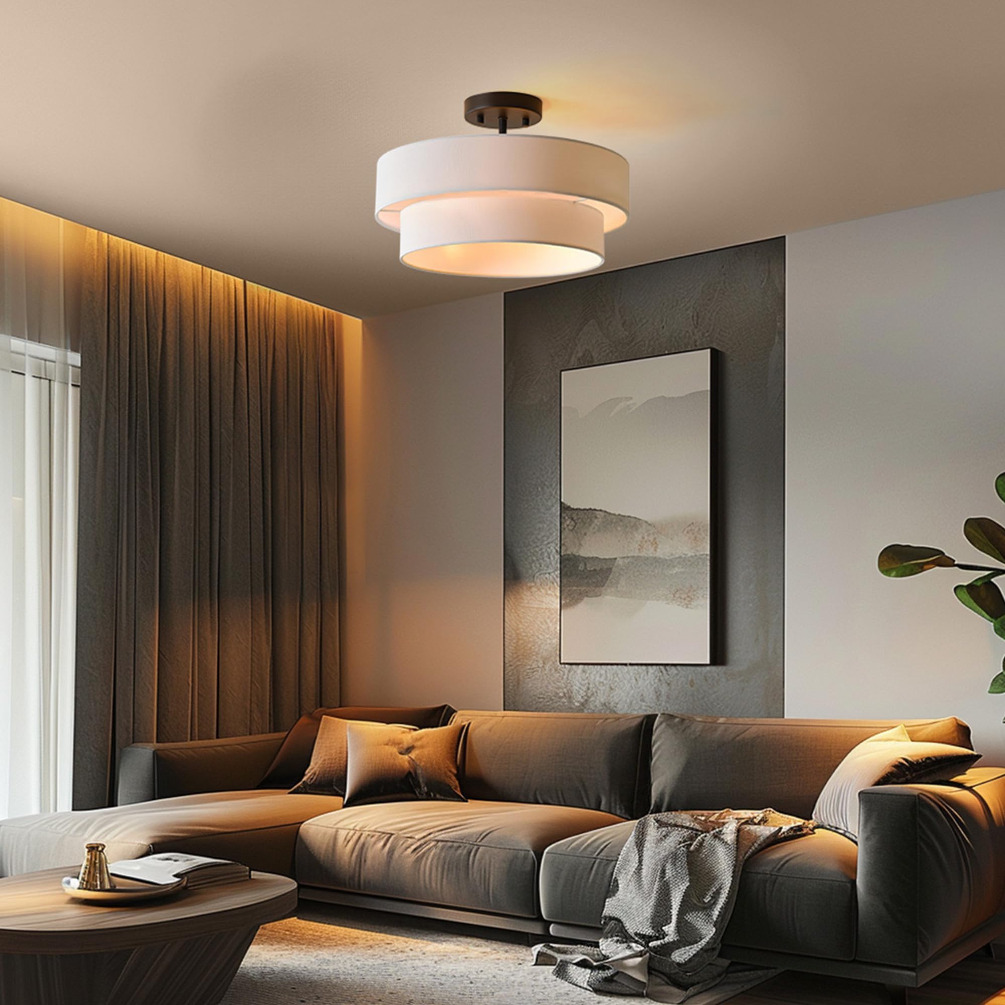 2-Light Semi-Flush Mount Ceiling Light, Matte Black, 2-Tier, White Linen Shade