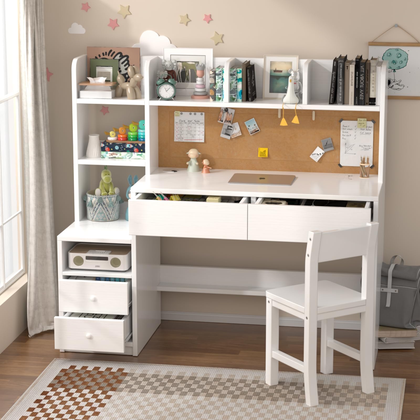 Kids Desk and Chair Set, Kids Study Desk with 4 Drawers
