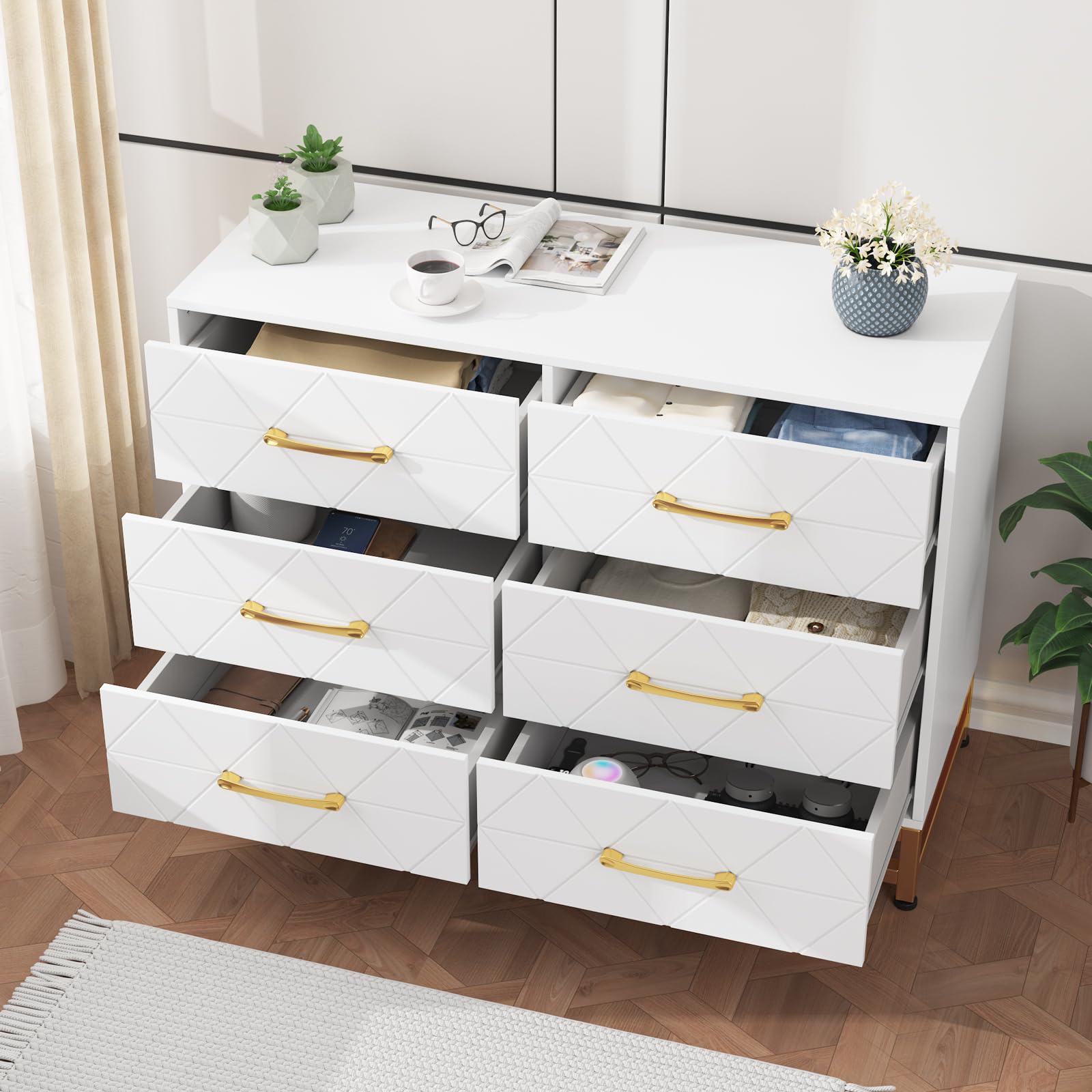 White Dresser for Bedroom with 6 Drawers, Wood Chest of Drawers