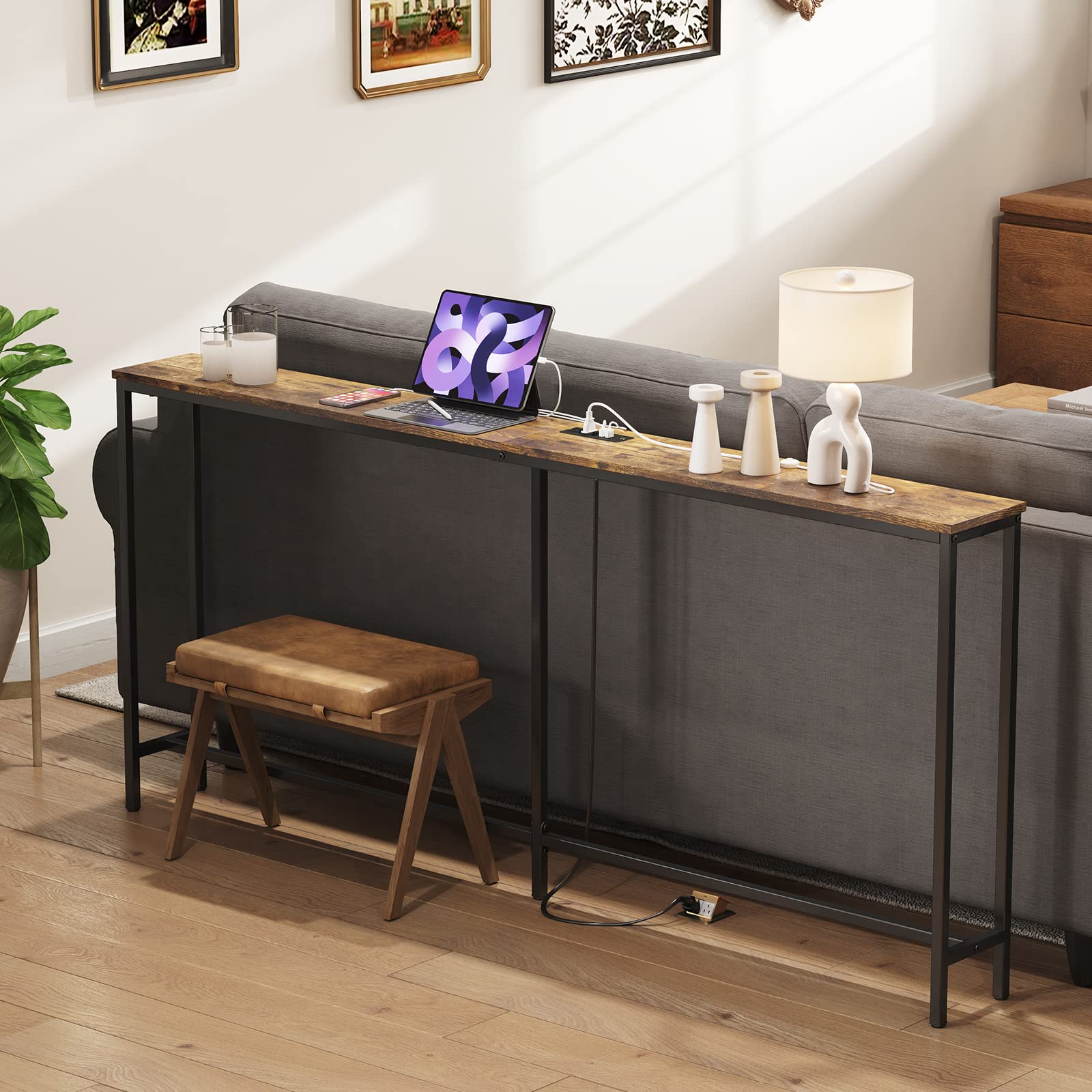 70.9" Narrow Long Console Sofa Table with 2 Power Outlets & USB Ports for Living Room