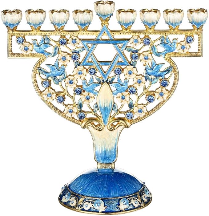 Hand Painted Blue and Ivory Tulip Menorah Candelabra, Embellished