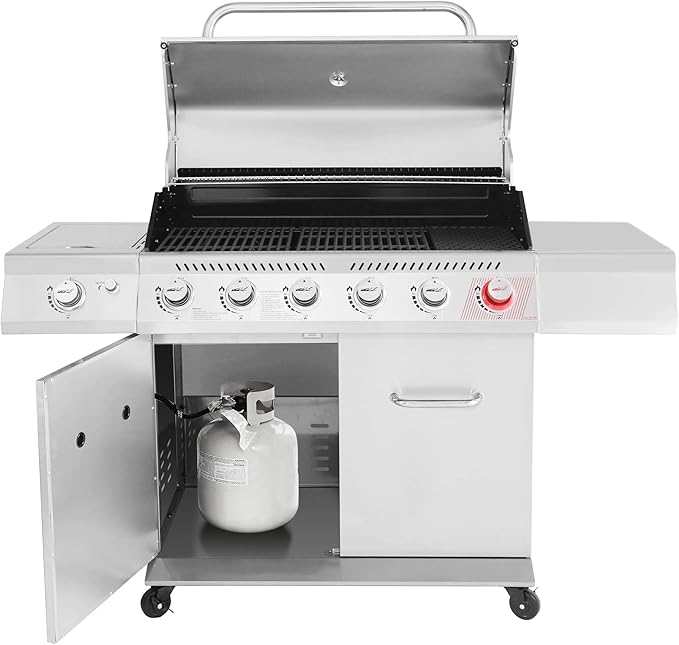 GA6402B 6-Burner Propane Gas Grill with Side Burner and Warming Rack
