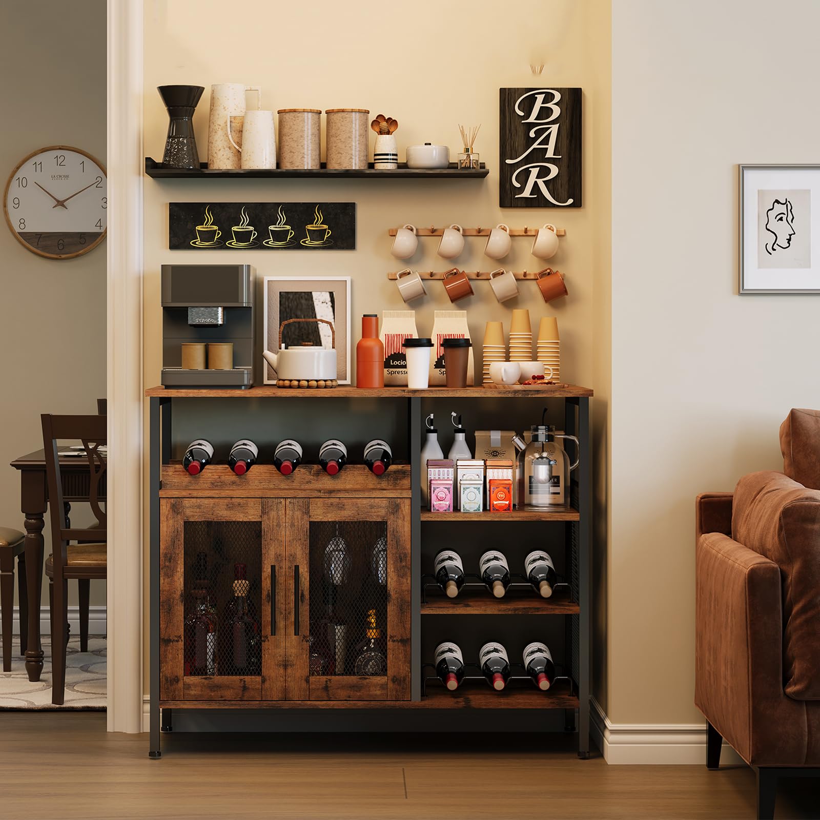 Wine Bar Rack Cabinet with Detachable Wine Rack, Coffee Bar Cabinet