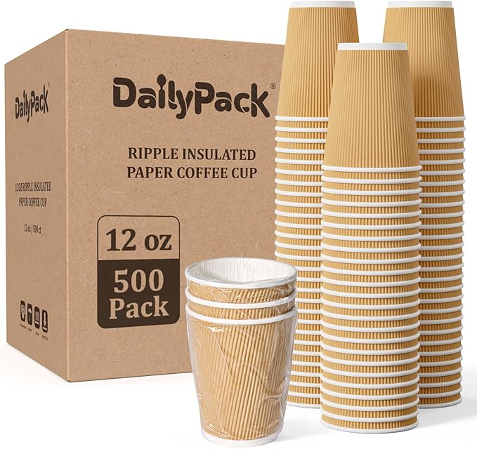 500 Pack 12 oz Paper Coffee Cups, Ripple Insulated Paper Cups