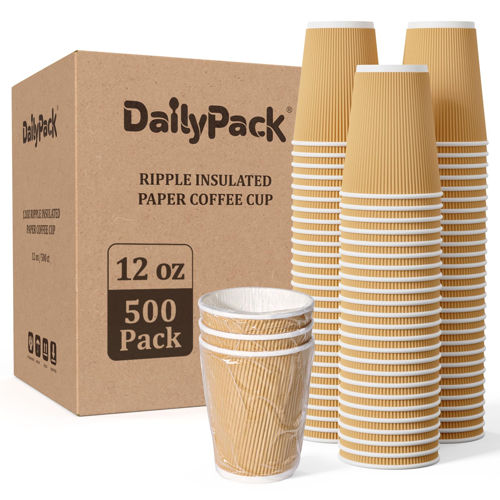 500 Pack 12 oz Paper Coffee Cups, Ripple Insulated Paper Cups