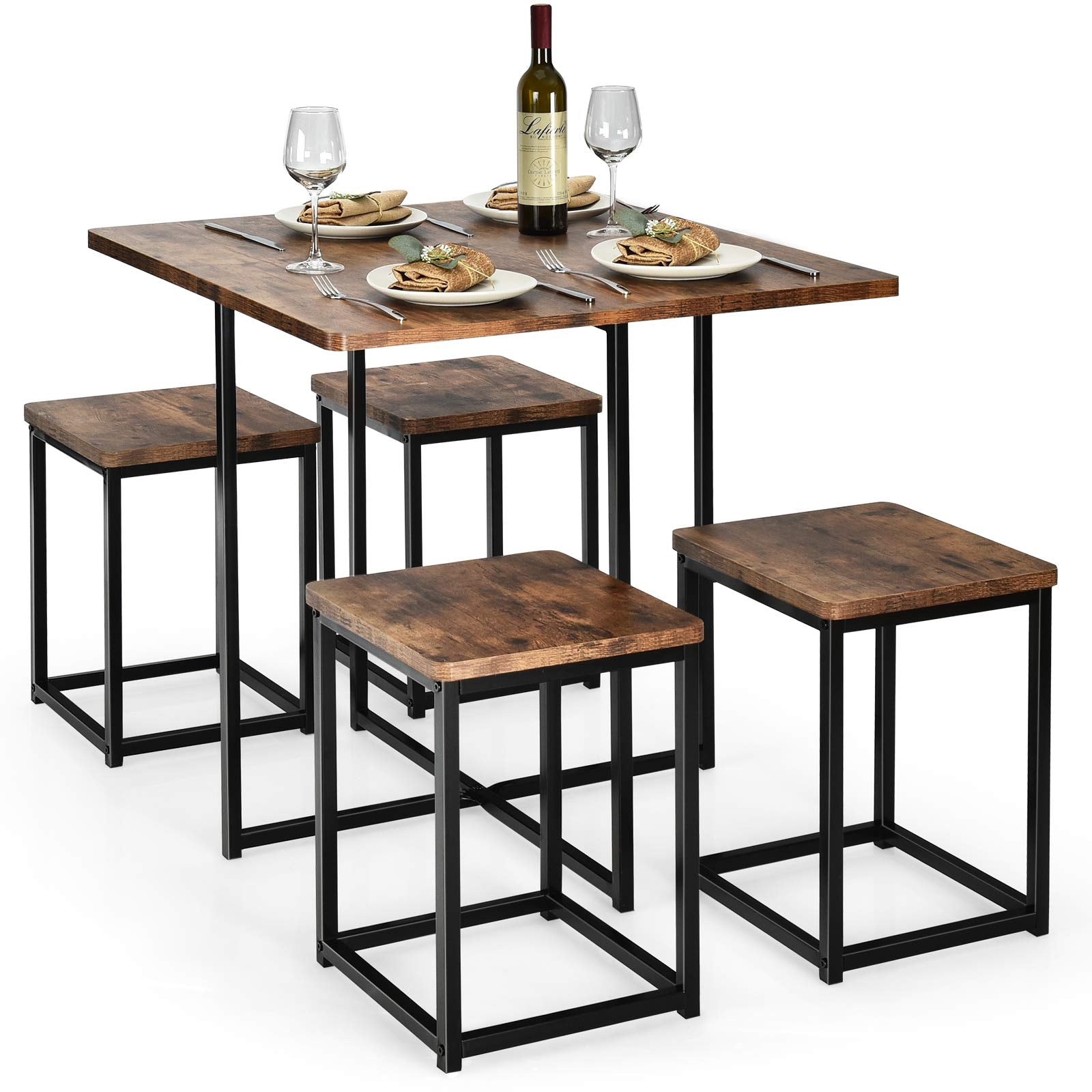 5 Piece Dining Table Set, Dining Set for 4 with Square Stools