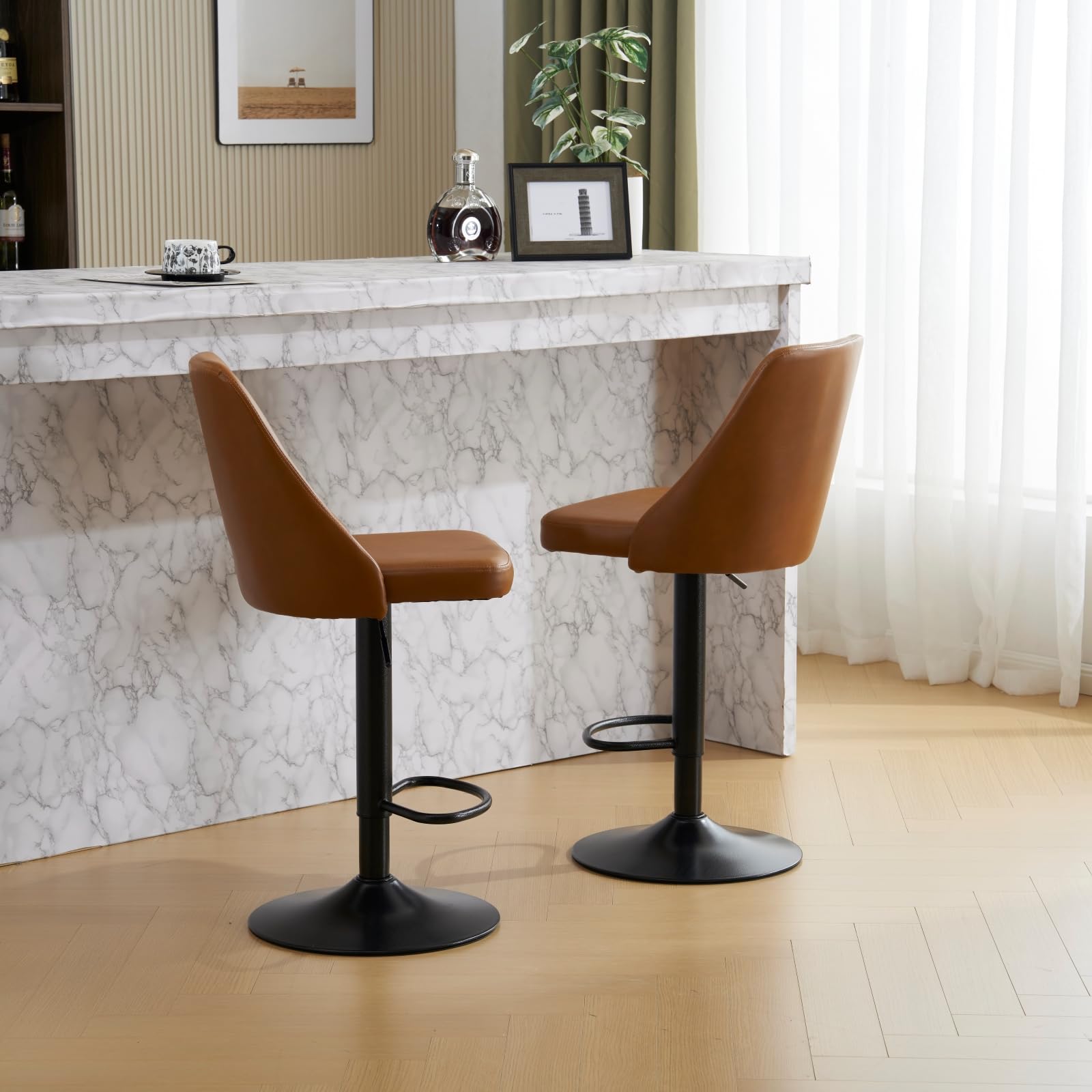 Bar Stools, Set of 2 Bar Chairs with Footrest, Black Steel Frame