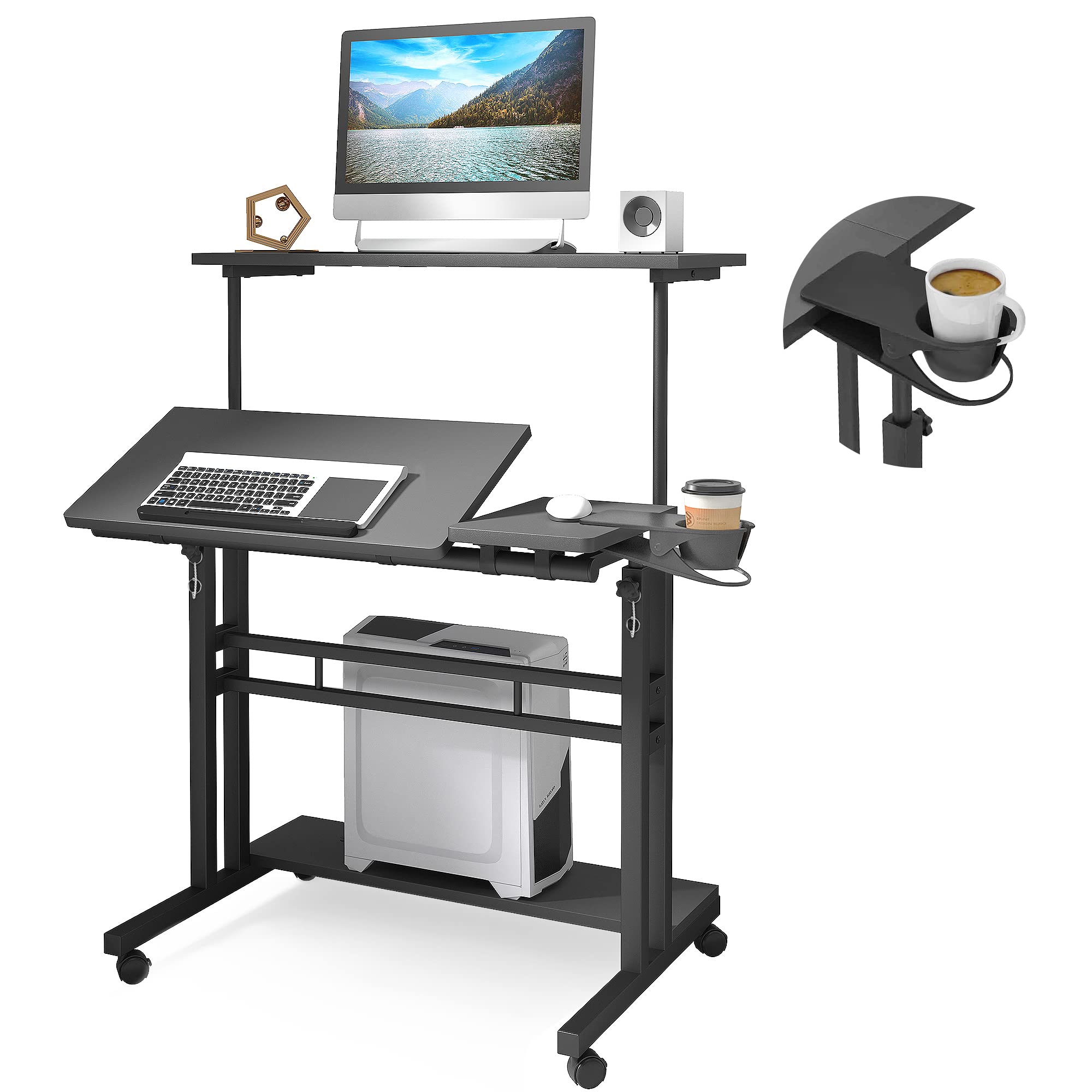 Adjustable Rolling Computer Desk with 3 Desktops, Portable Laptop Table