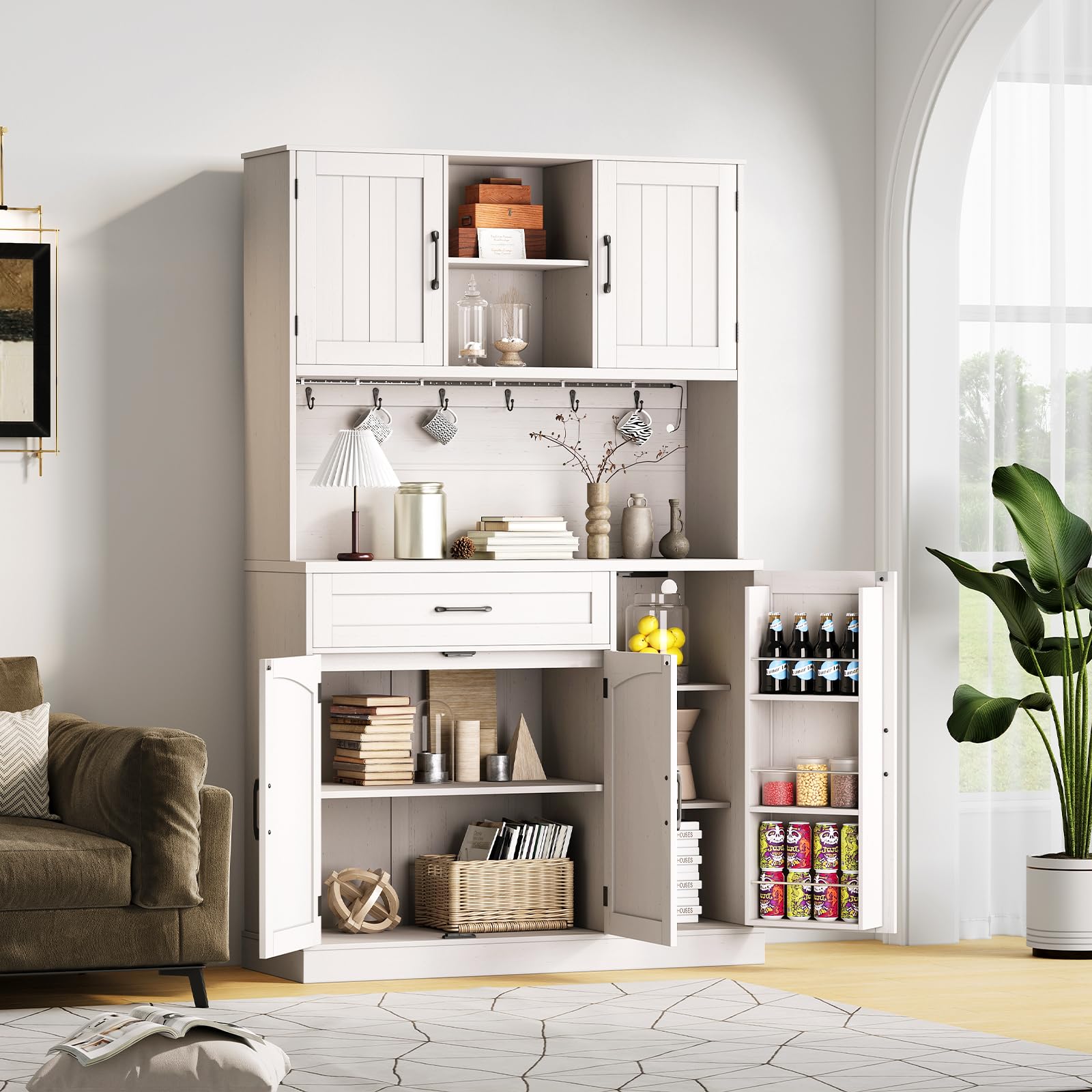 71" Pantry Cabinet, Kitchen Pantry Storage Cabinet with LED Light & Outlet, Kitchen Hutch