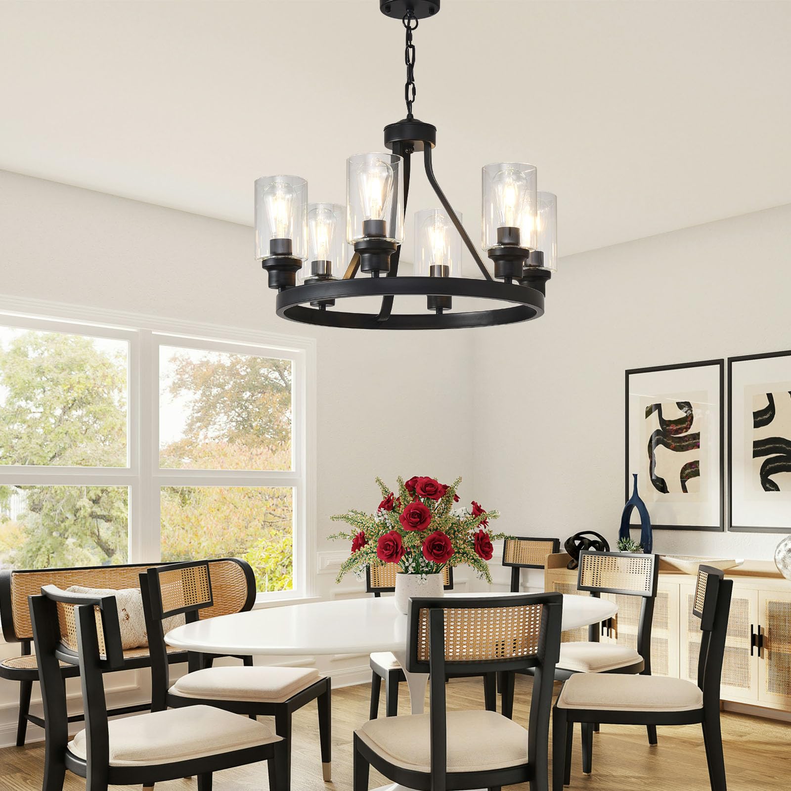 Farmhouse Chandelier 6-Light Black Dining Room Light Fixture with Glass Shade Ceiling