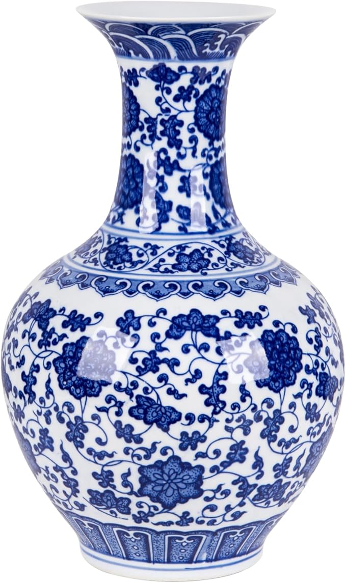 12.4” Classic Blue and White Porcelain Vase, Art Decor Big Vase