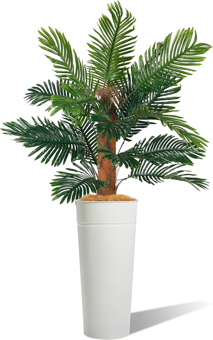 28" Tall White Planter with Faux Palm Tree – Galvanized Steel Pot with Tropical PEVA
