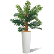 28" Tall White Planter with Faux Palm Tree – Galvanized Steel Pot with Tropical PEVA