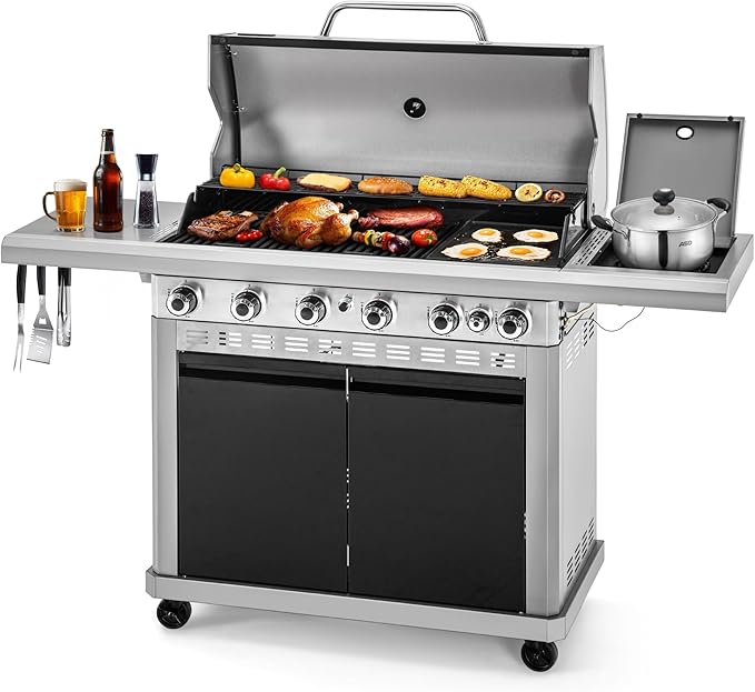 5 Burner Gas Grill Griddle Combo with Porcelain-Enameled Cast Iron Grates