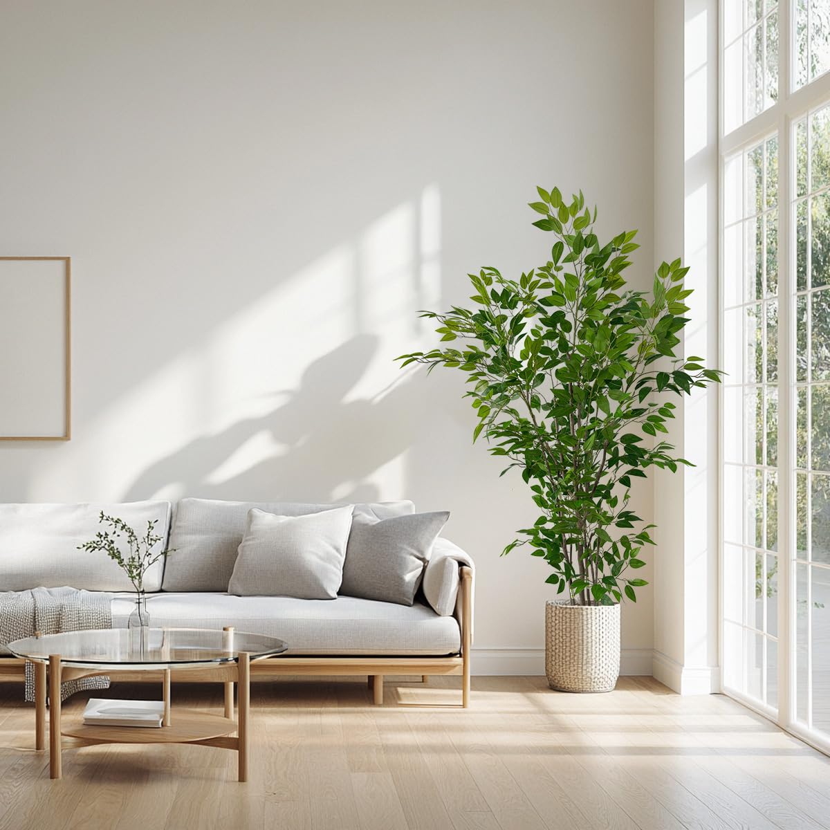 Artificial Ficus Tree with Green Leaves, 6 ft Tall, Indoor Plant with Decorative Beige Planter