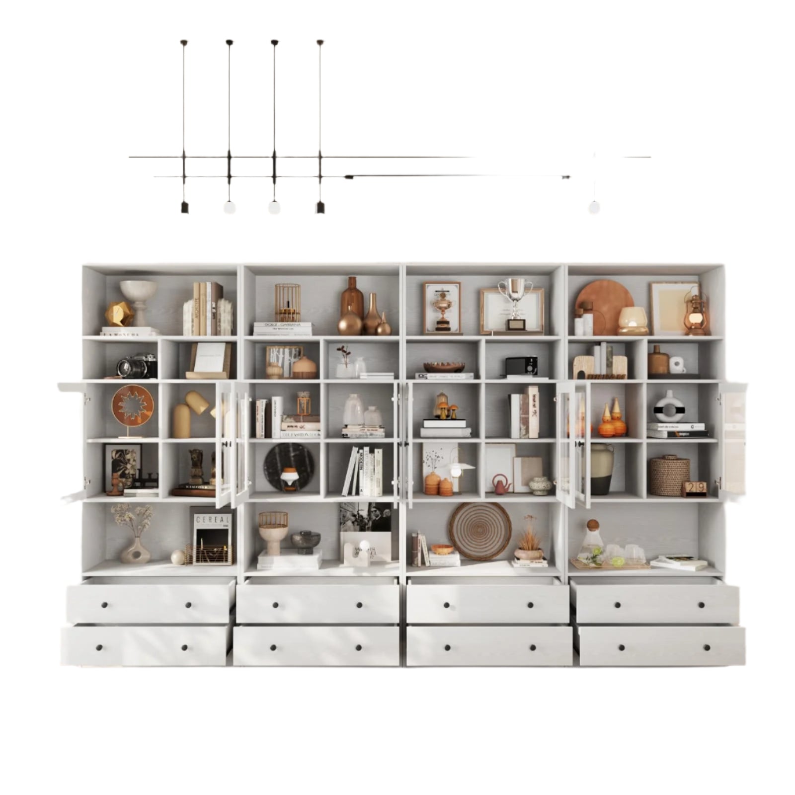 78.8" Classic Book Shelf with Drawers, White Pantries with Doors and Shelves