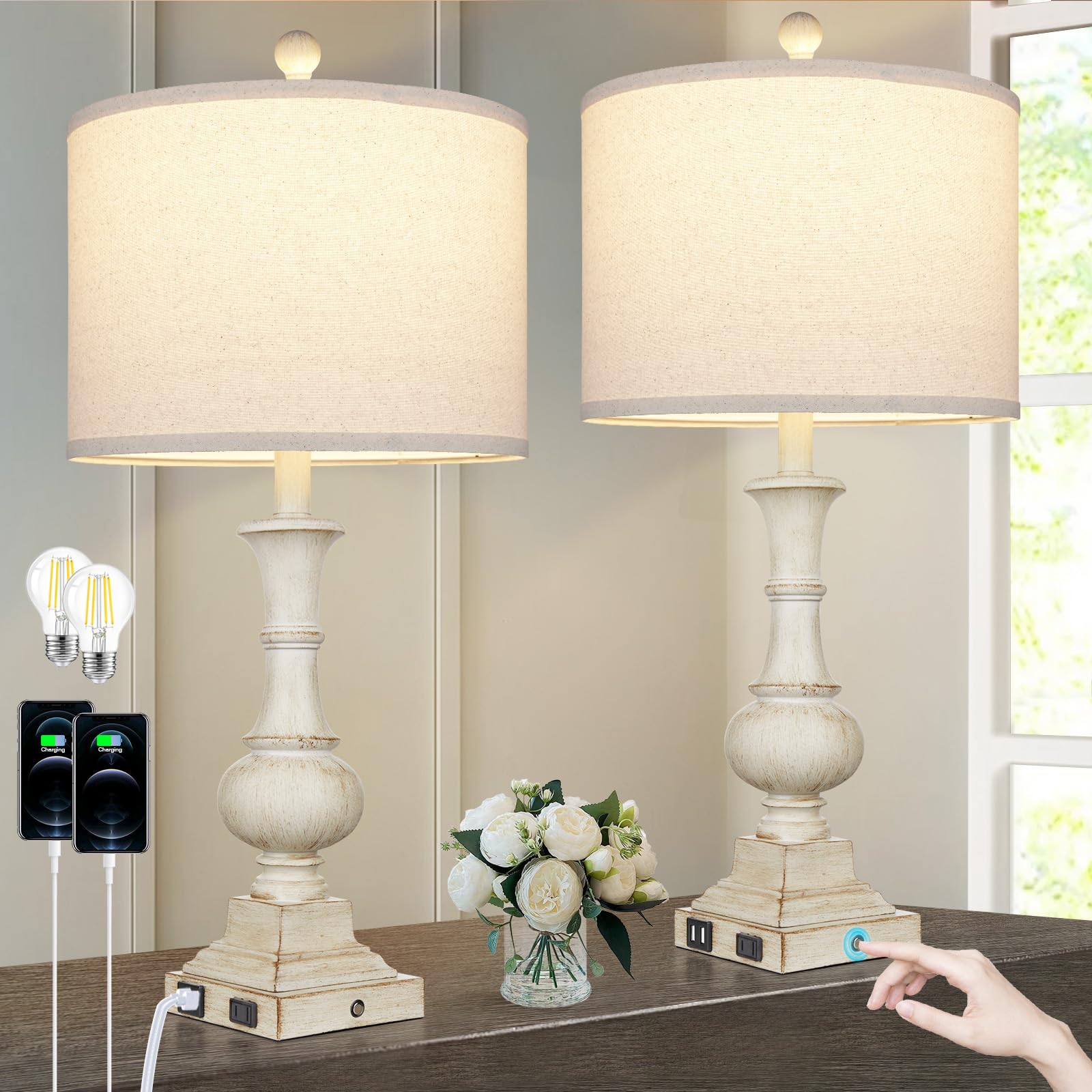 Table Lamps Set of 2, Rustic Touch Control Bedside Lamps with 2 USB Ports & AC
