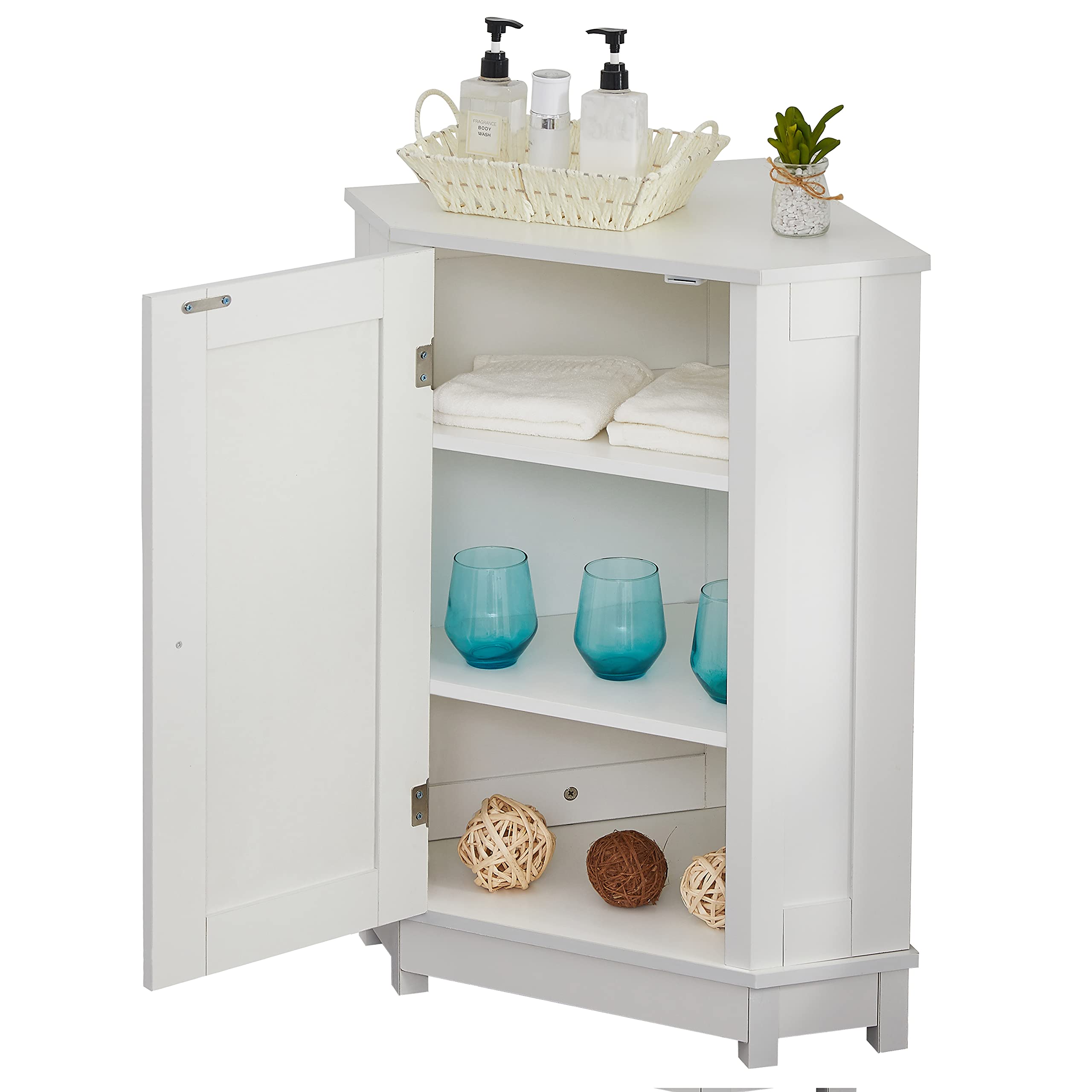White Corner Storage Cabinet with Door and Adjustable Shelf