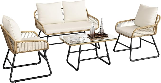 3 Piece Patio Bistro Set Outdoor Wicker Bistro Furniture Sets, 2 Rattan Chairs and Glass