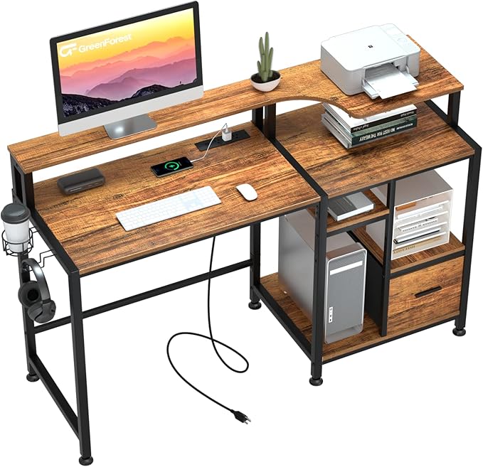 Small Desks with Drawers and Power Outlet, 55 inch Office Desk