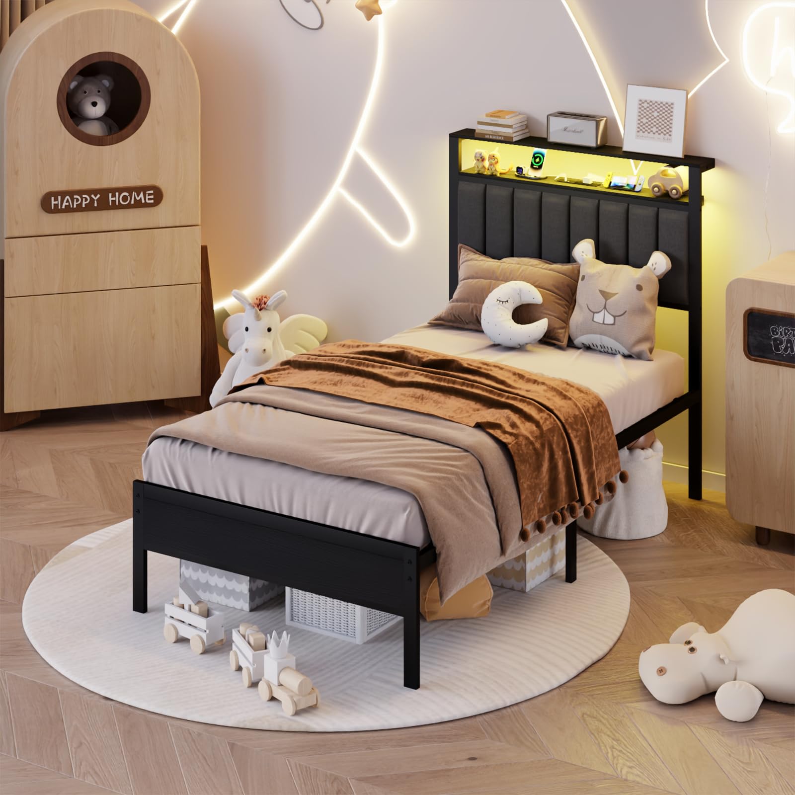 Twin Size Bed Frame with Charging Station and LED Lights, Platform Bed